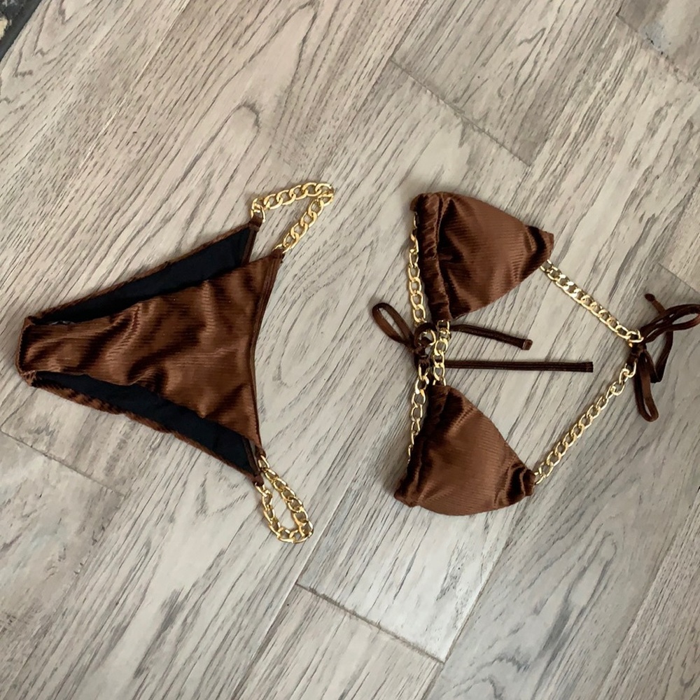 Brown corduroy and gold chain bikini